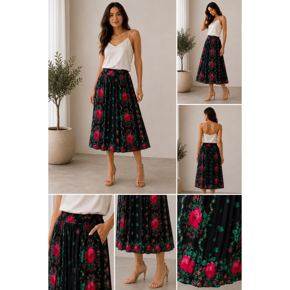 Vintage Dark Floral Silk Midi Skirt Romantic Prairie Cottagecore Size 8‎